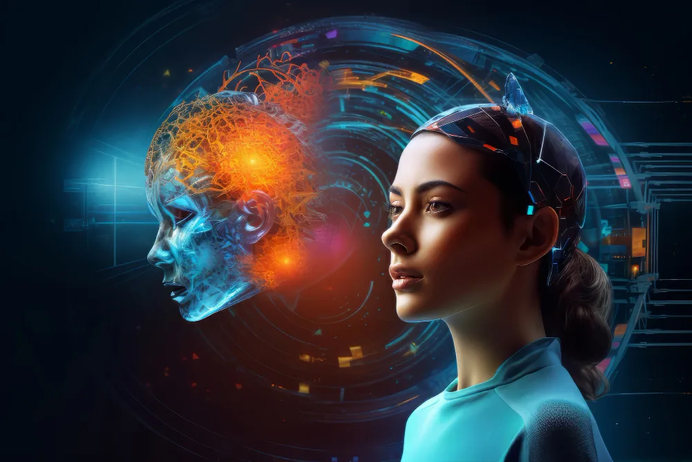 3: A side-by-side portrayal of a woman and a translucent, digital human head, both encircled by futuristic holographic rings. The visual metaphor emphasizes the parallels between generative AI's processing capabilities and the complexities of the human mind.