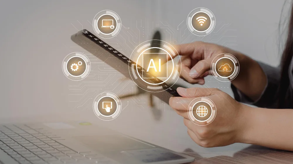 A businesswoman interacts with a smartphone, which is connected to an array of AI and cloud computing icons, highlighting Deloitte's commitment to harnessing artificial intelligence for enhanced connectivity and efficiency.