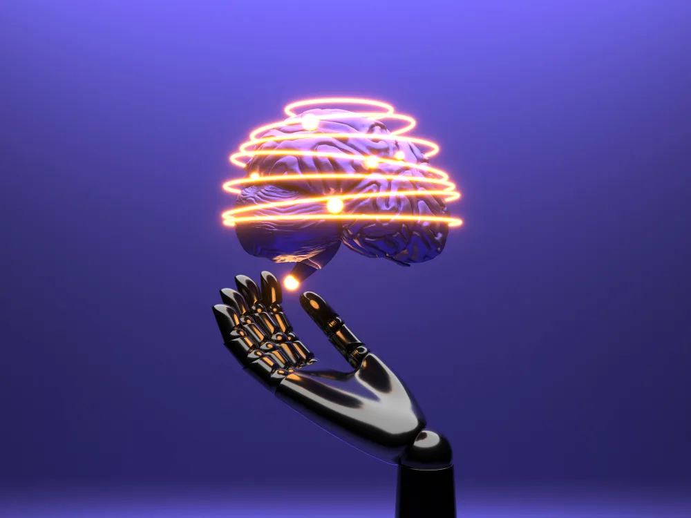 Alt-text: A conceptual image illustrating a robotic arm with articulated fingers reaching towards a glowing digital brain, symbolizing Deloitte's integration of AI to enhance cognitive capabilities in business.