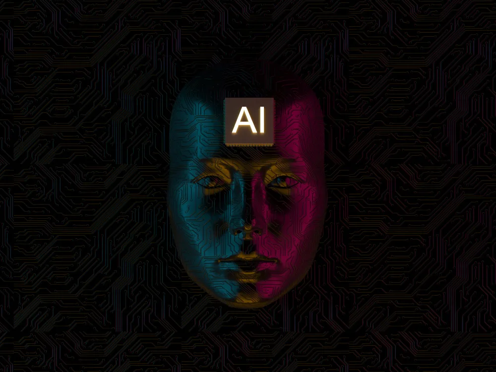 Digital artwork depicting a robotic face with a prominent 'AI' label against a background of circuit-like patterns, representing the complex network of generative AI technologies.