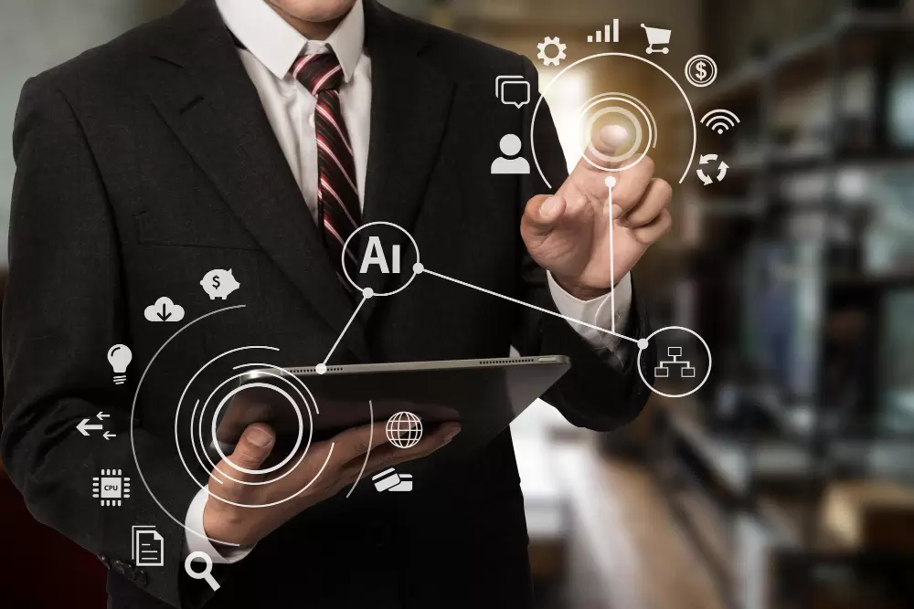 A marketer dressed in business attire uses a tablet to manage digital marketing and virtual icons representing global connectivity, with AI elements suggesting the integration of artificial intelligence to enhance business operations.