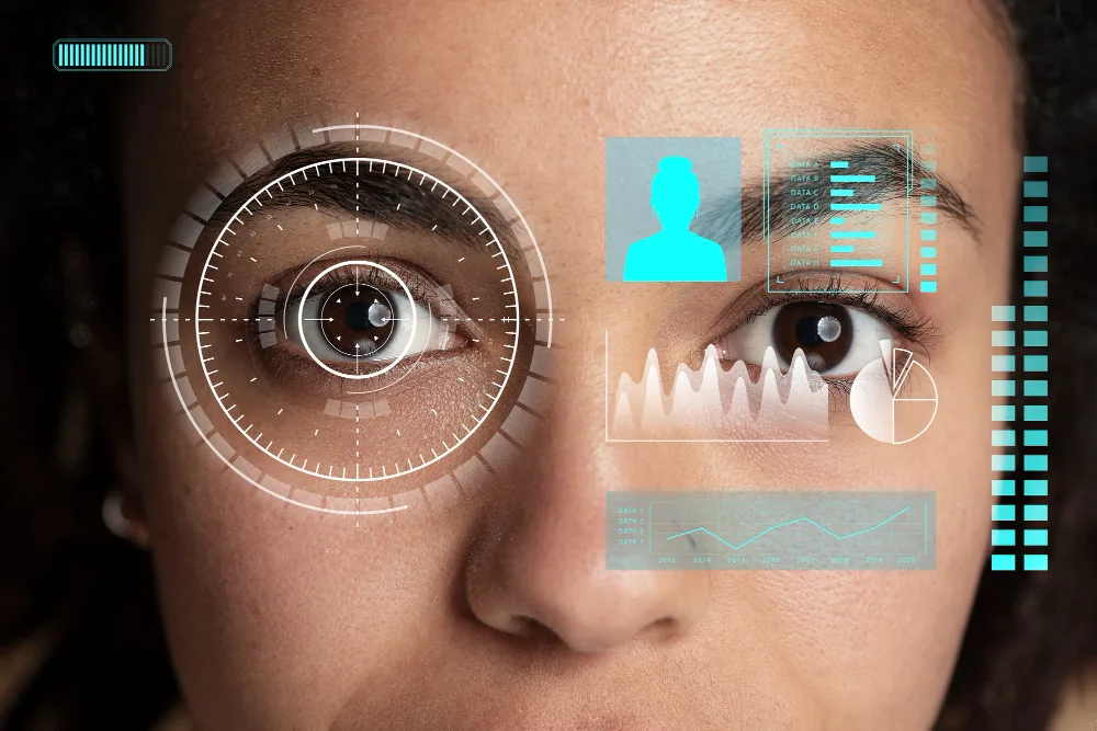 Close-up of a woman's eye with futuristic digital overlays, symbolizing advanced AI-driven personalized data analysis and identity recognition.