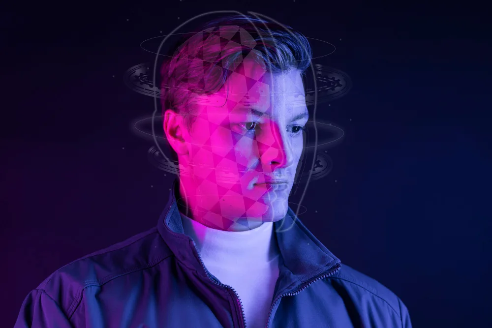 A man's profile overlaid with a digital, neon hologram effect, suggesting an intersection between human cognition and advanced technology. The image conveys the concept of generative AI integrating with human thought processes.