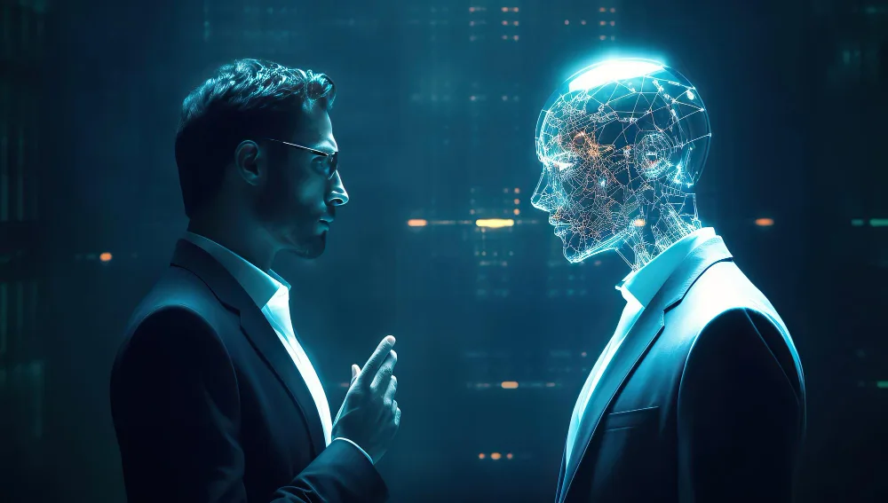 A businessman and a robot face each other, engaging in conversation, illustrating the interactive potential of generative AI in human-machine communication.