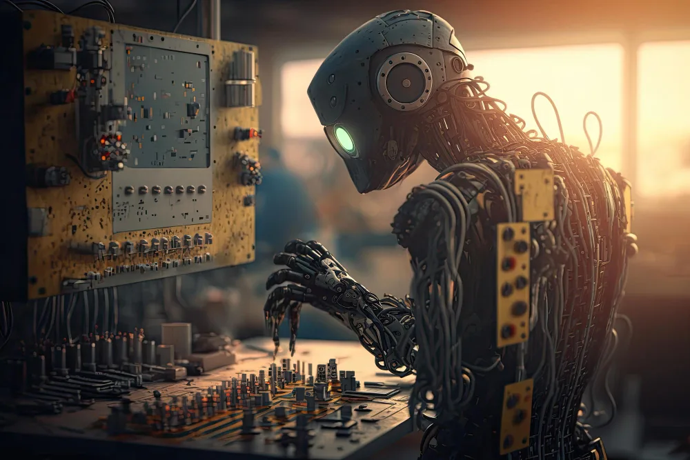 A highly detailed humanoid robot with intricate wiring and mechanical parts is depicted working on electronic equipment within a factory setting. This image symbolizes the tangible applications of generative AI in industrial automation and cognitive technology.