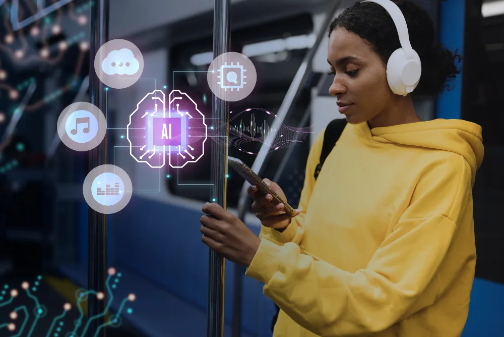 A person commuting on public transport while using a smartphone with AI applications, showcasing the integration of various AI technologies into everyday tools."