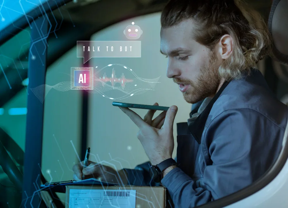 A professional in a business setting engaging with a mobile device, with AI-generated graphics suggesting a dialogue with an advanced AI assistant.