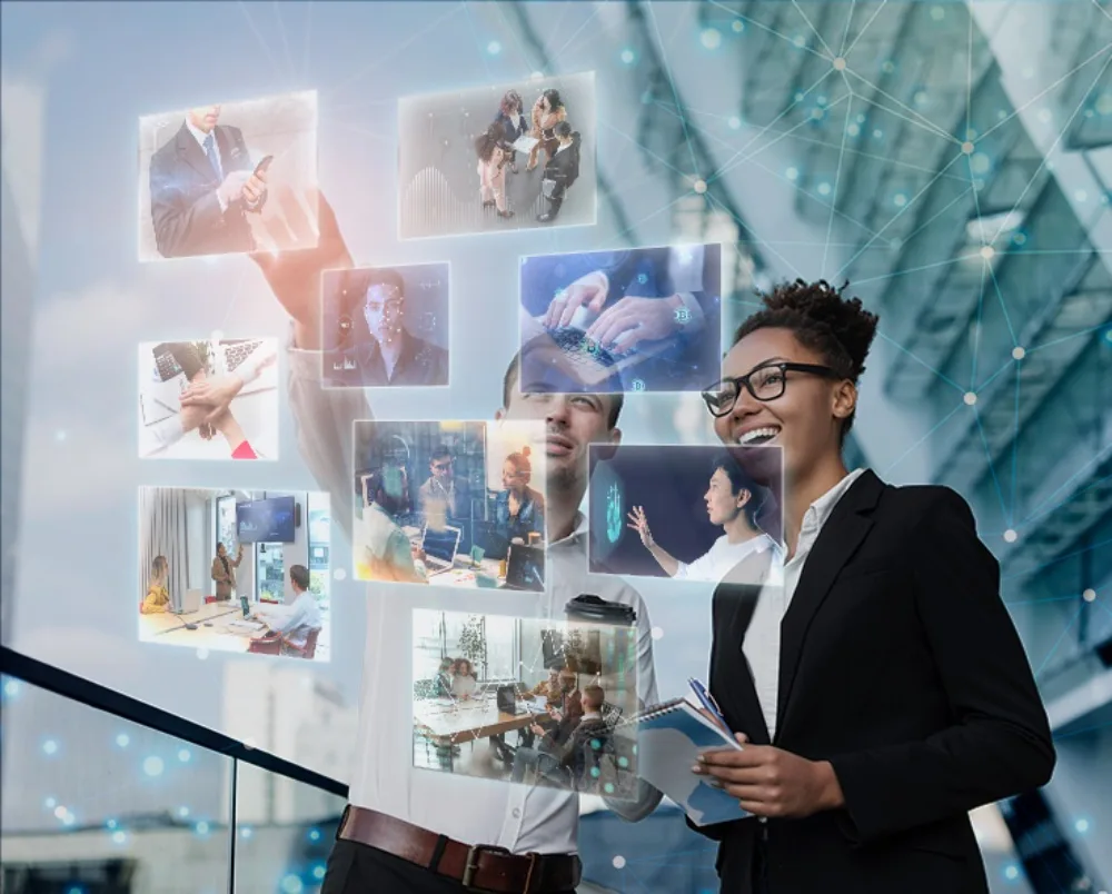  An image depicting a professional woman interacting with a translucent digital interface showing multiple floating screens, indicative of the multi-tasking capabilities and expansive reach of generative AI in the workplace