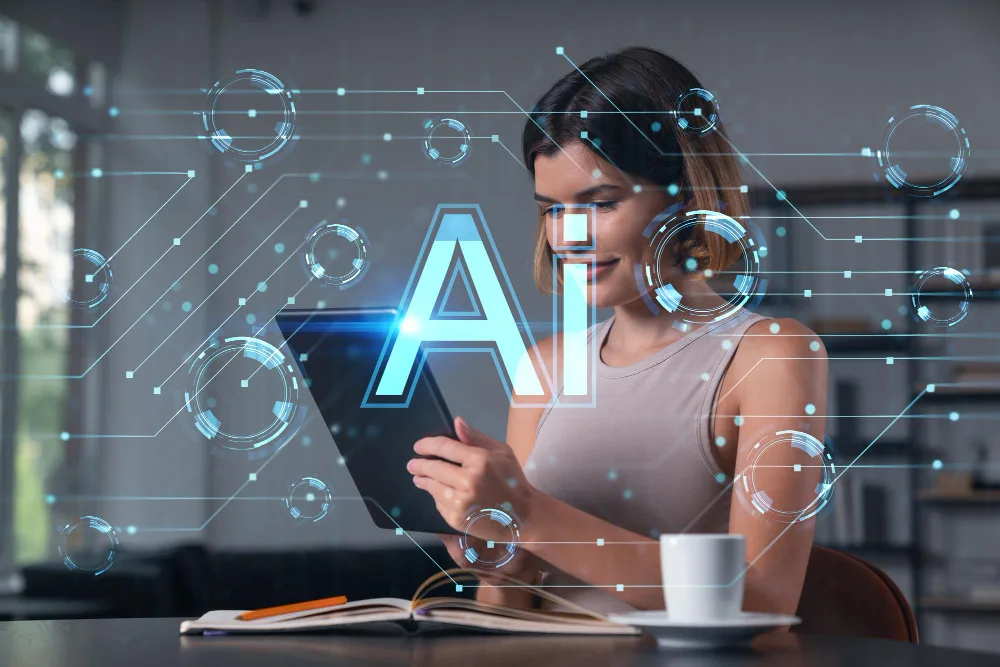 Focused woman using a tablet with AI interface graphics, highlighting the combination of expert knowledge and artificial intelligence in advancing SEO.