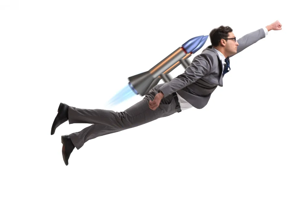 A businessman with jetpack flames propelling him forward, metaphorically depicting the accelerated computing power and rapid advancement of generative AI technologies.