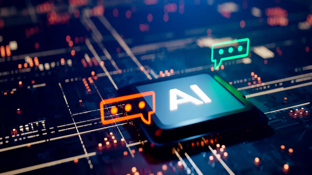 A symbolic representation of AI's integration into communication platforms, featuring a glowing AI chip with speech bubbles on a circuit board background, suggesting the emergence of conversational artificial intelligence in messaging apps.