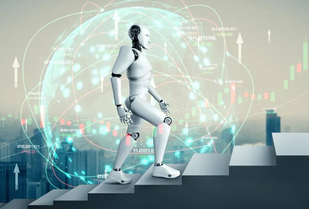 A humanoid robot steps confidently across stepping stones against a backdrop of a futuristic cityscape. It is surrounded by swirling digital graphics and financial charts, representing advanced AI-driven analytics and machine learning in finance and technology.