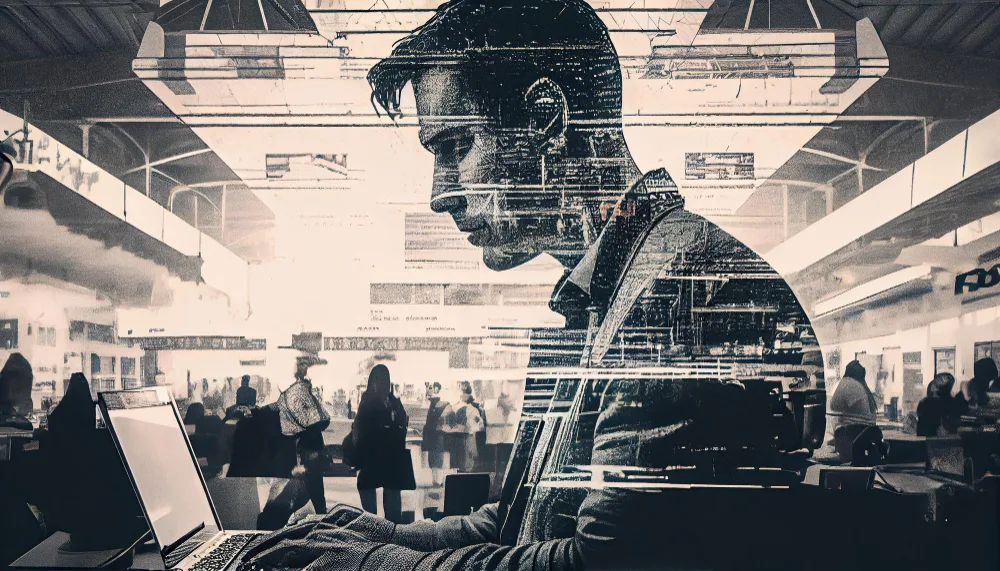 A composite image of a man working on a laptop in a busy station, layered with digital graphics, signifying the intersection of AI technology with everyday life and how it influences personal and professional communication.