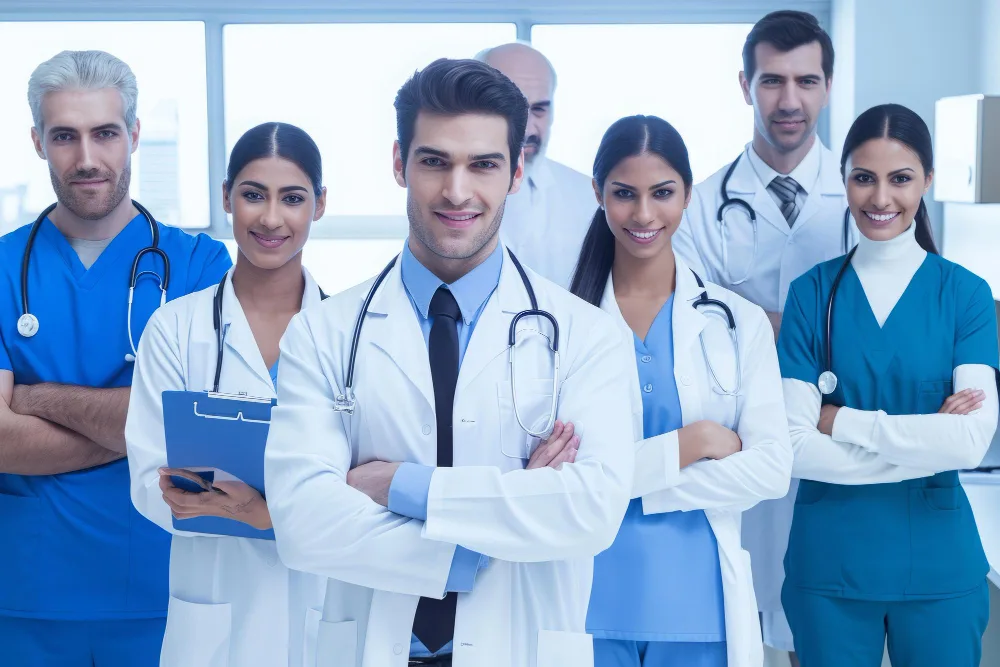 "Group of confident healthcare workers, potentially representing the collaborative effort in creating healthcare content and implementing B2B strategies.