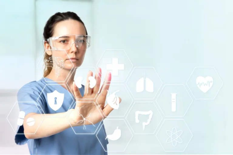 A medical worker in blue scrubs engages with a futuristic holographic interface showcasing icons for AI evolution in healthcare brands